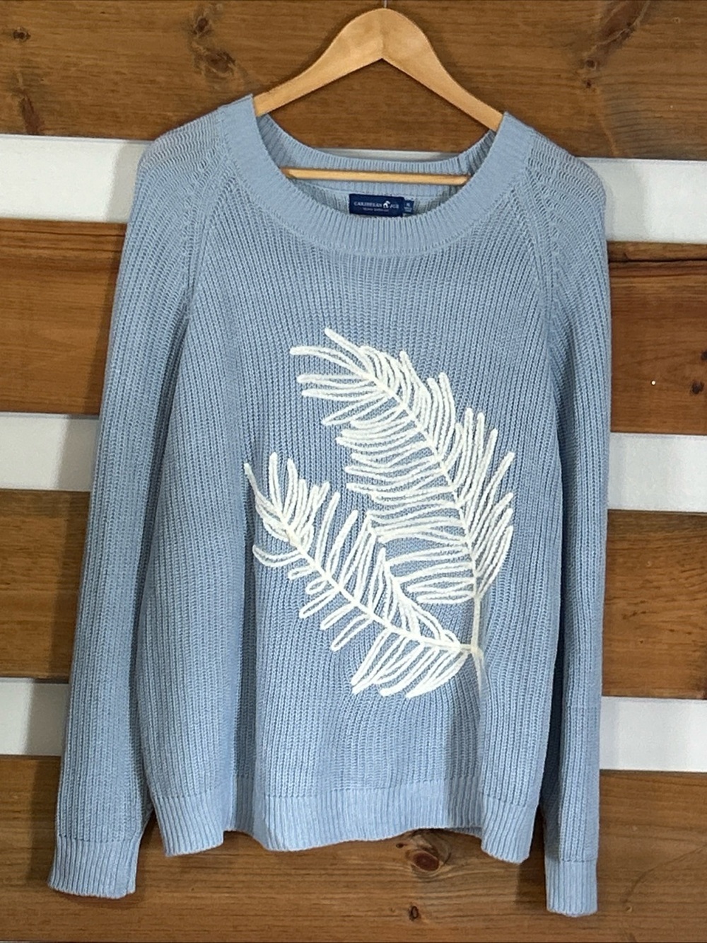 Caribbean Joe Island Co. Sky Blue Long Sleeve Leaf Embroidered Sweater Size XL